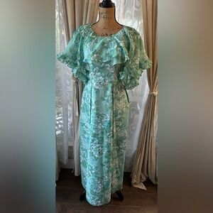 1970s Floral Maxi Dress: Blue Ruffle Neckline, handmade w matching shawl